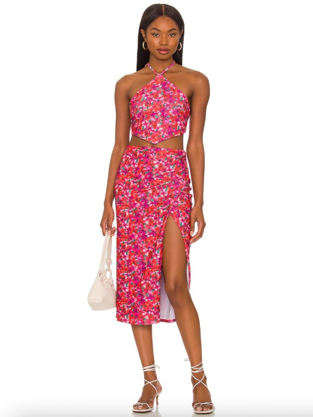 Pink and Orange Tropical Floral Halter Top and Matching Skirt Set